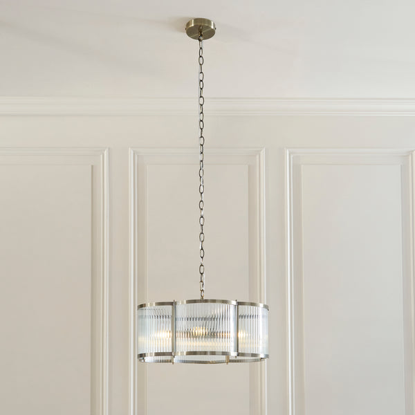 Ridgeton Scallop Large Pendant Light in Antique Brass & Clear Ribbed Glass