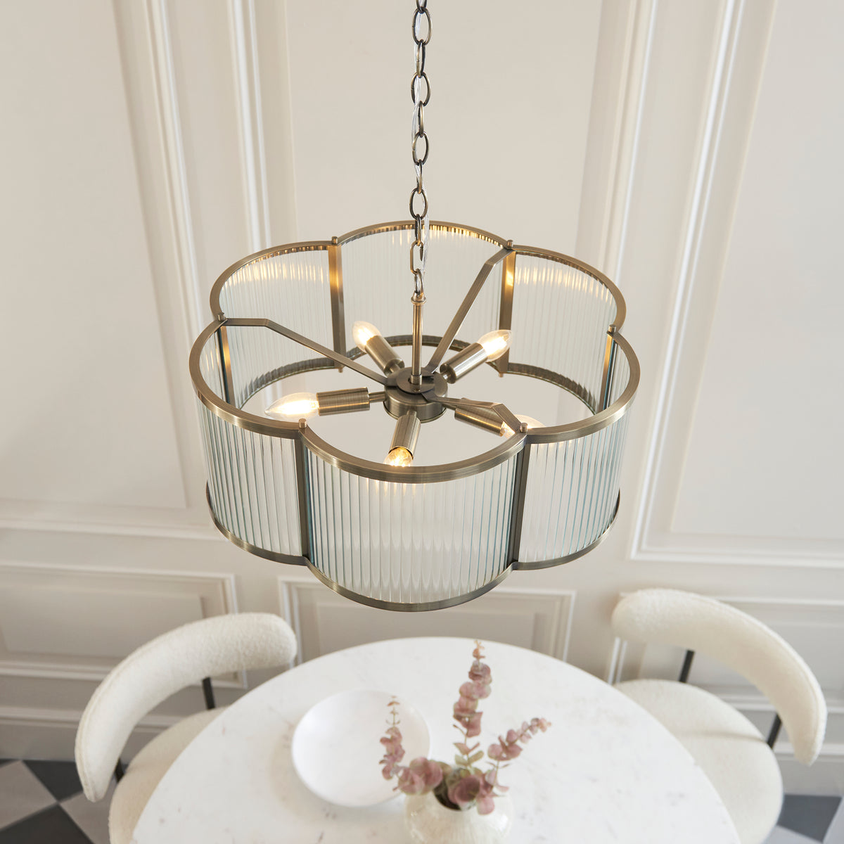 Ridgeton Scallop Large Pendant Light in Antique Brass & Clear Ribbed Glass