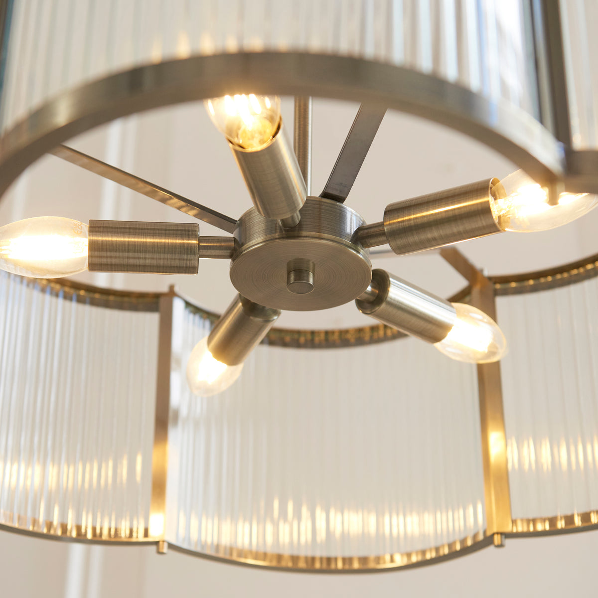 Ridgeton Scallop Large Pendant Light in Antique Brass & Clear Ribbed Glass