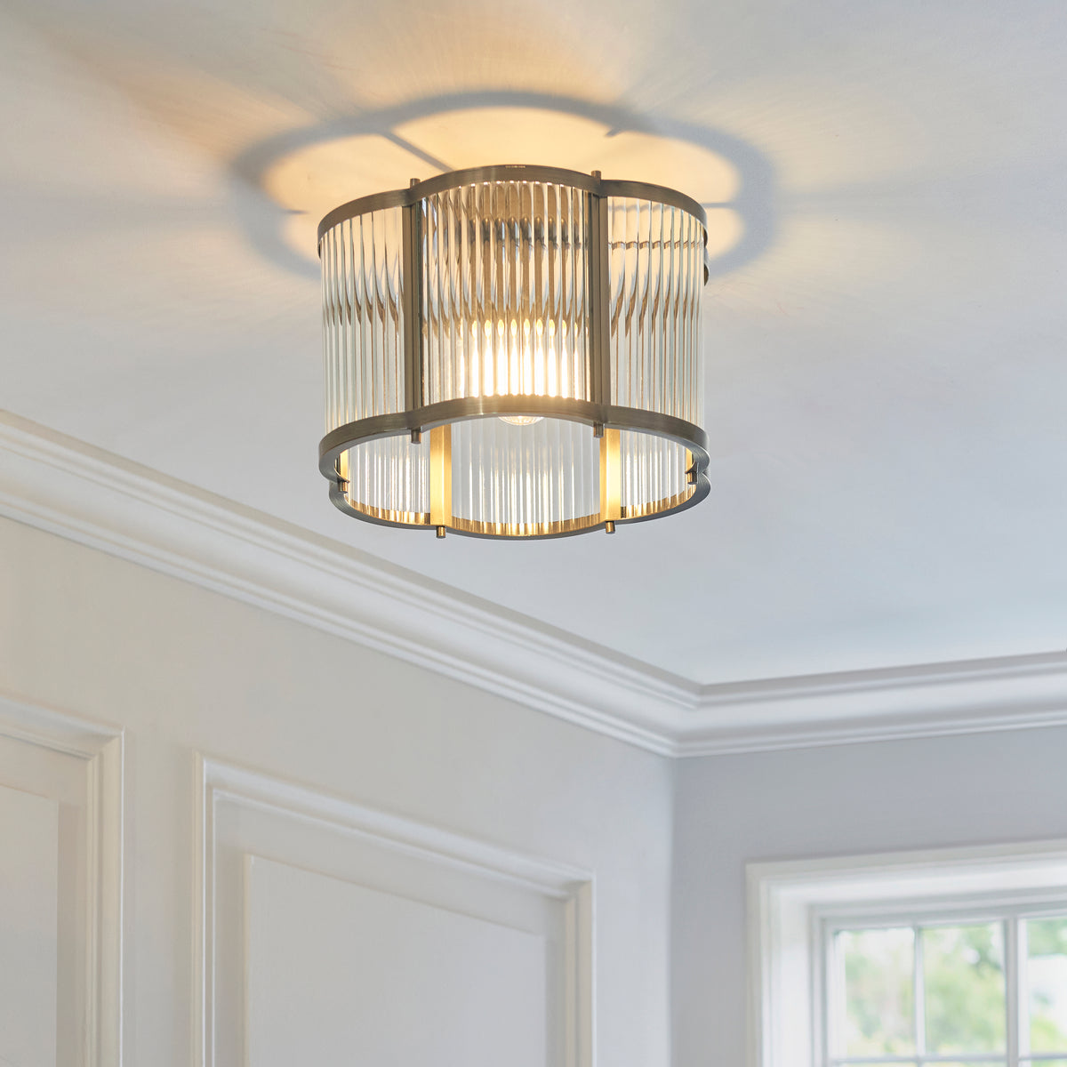 Ridgeton Scallop Flush Ceiling Light in Antique Brass & Clear Ribbed Glass