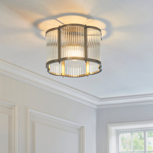 Ridgeton Scallop Flush Ceiling Light in Antique Brass & Clear Ribbed Glass