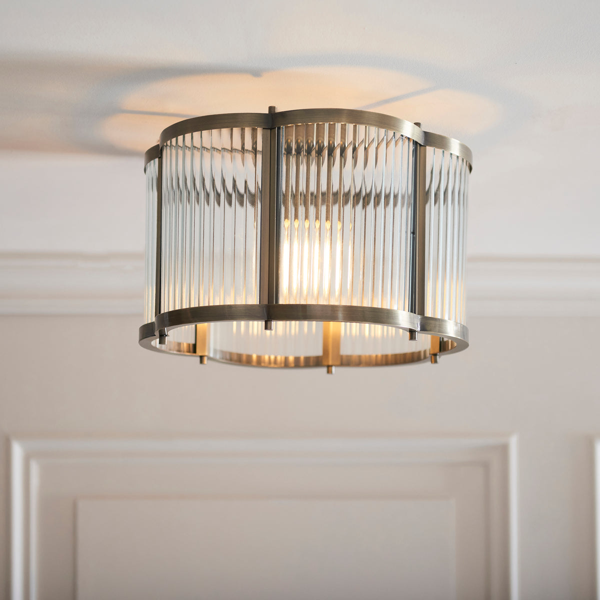 Ridgeton Scallop Flush Ceiling Light in Antique Brass & Clear Ribbed Glass