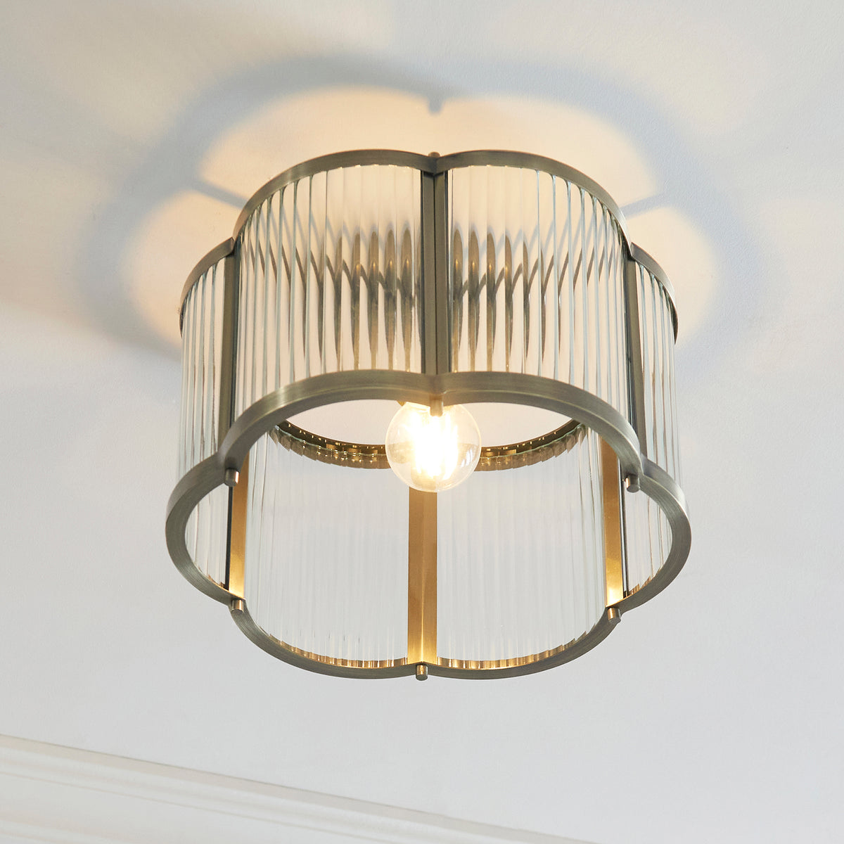 Ridgeton Scallop Flush Ceiling Light in Antique Brass & Clear Ribbed Glass