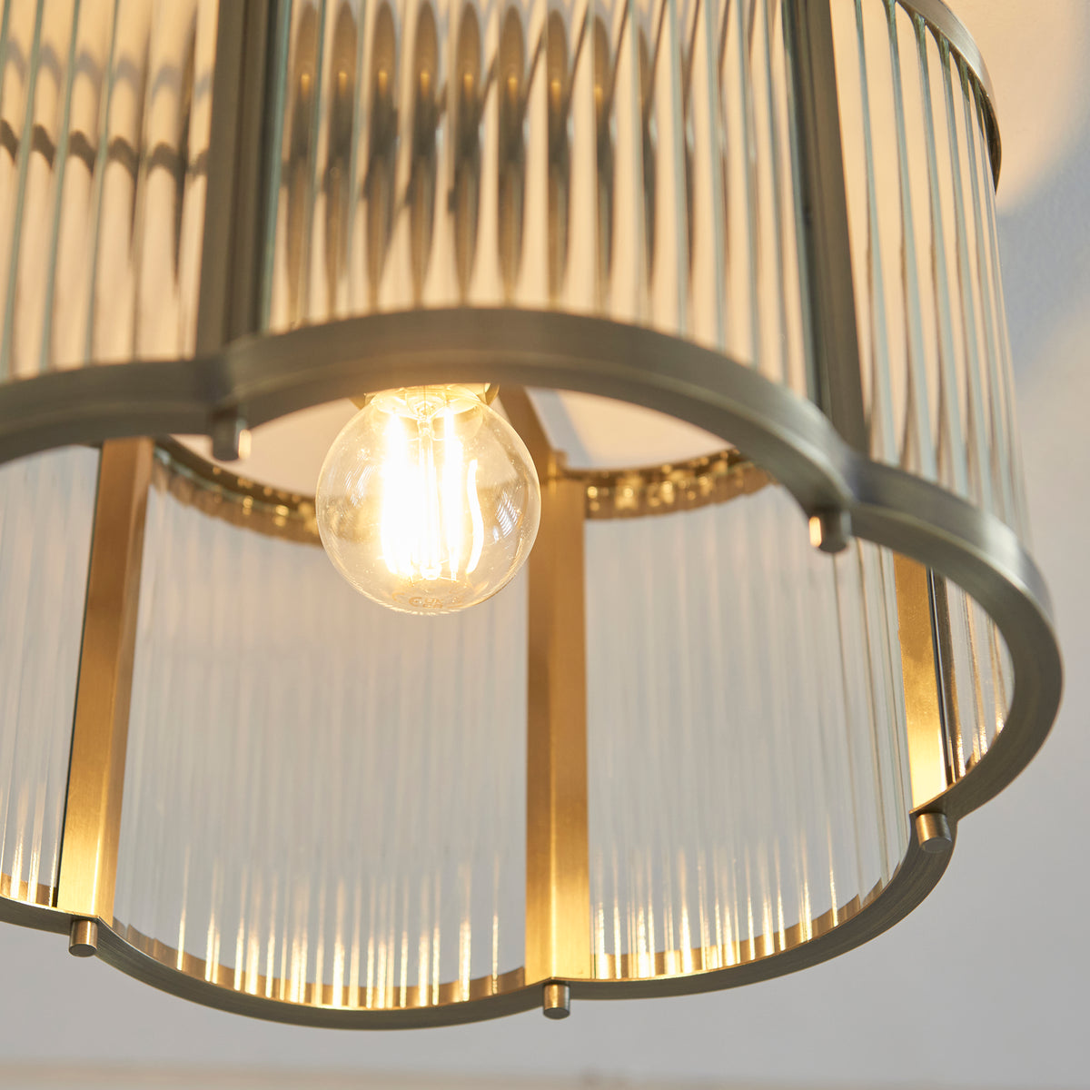 Ridgeton Scallop Flush Ceiling Light in Antique Brass & Clear Ribbed Glass