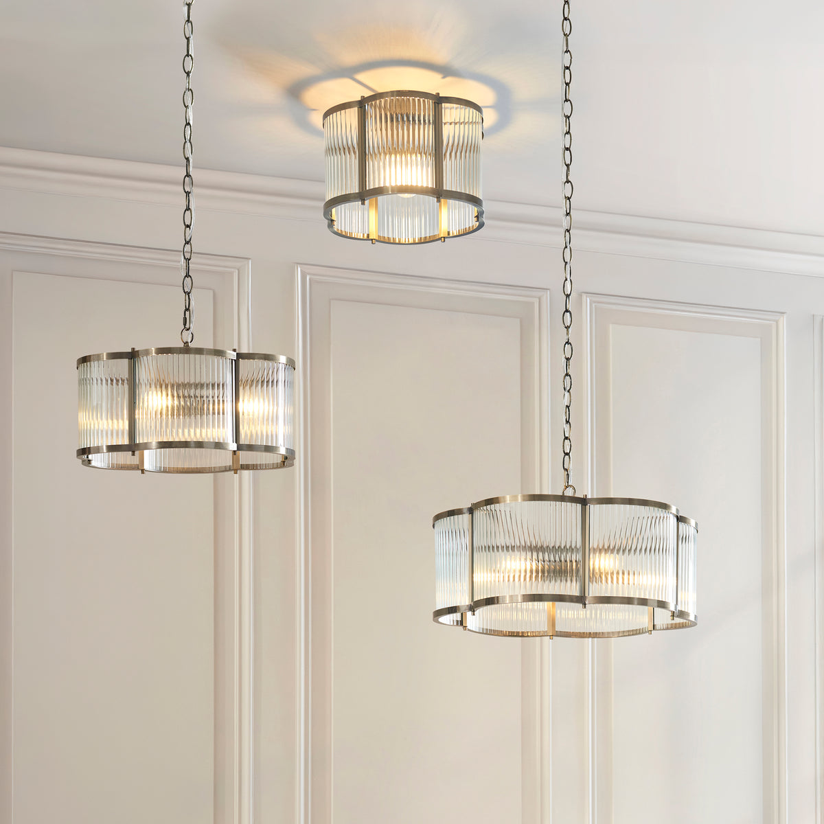 Ridgeton Scallop Flush Ceiling Light in Antique Brass & Clear Ribbed Glass