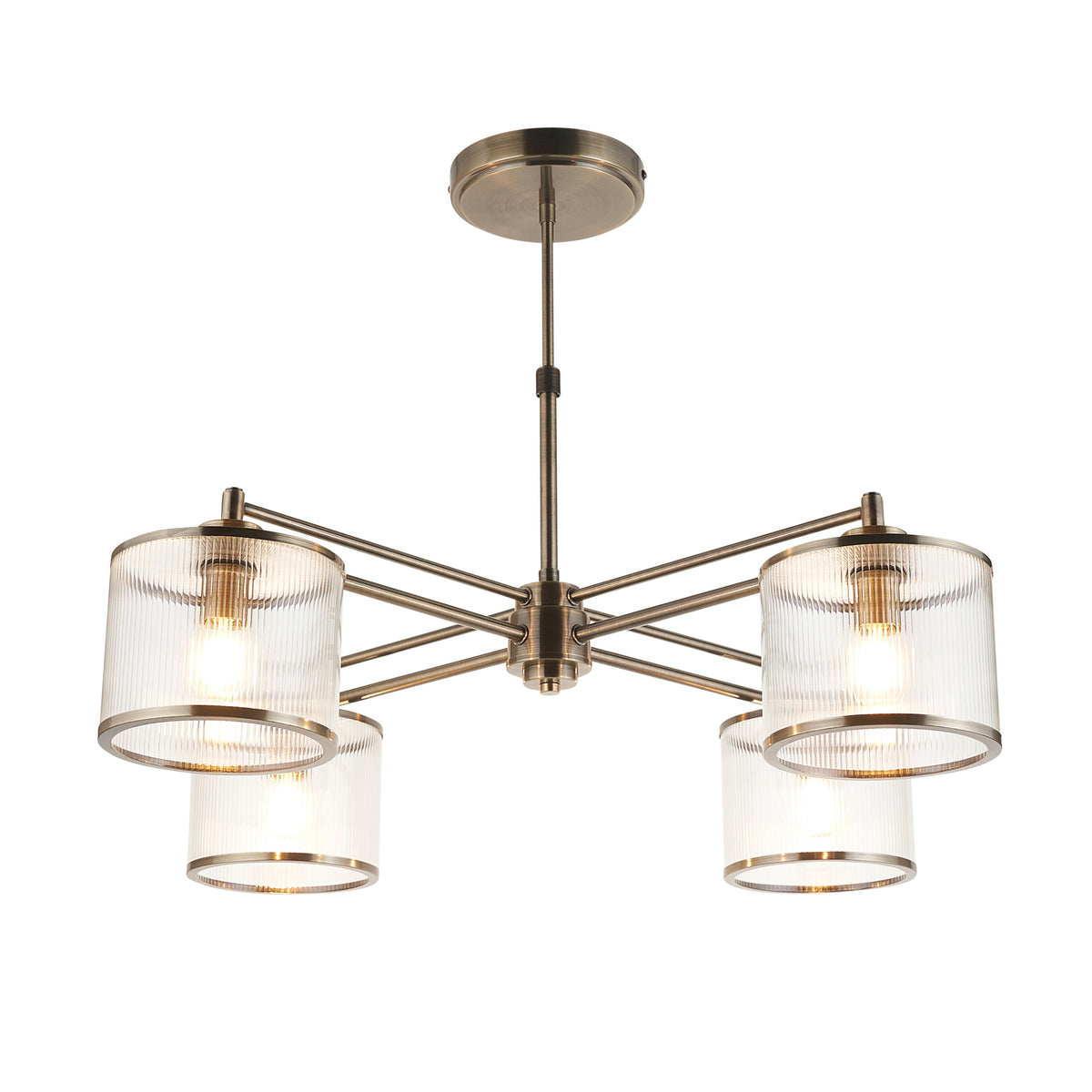 Ridgeton Four Arm Pendant Light in Antique Brass & Clear Ribbed Glass