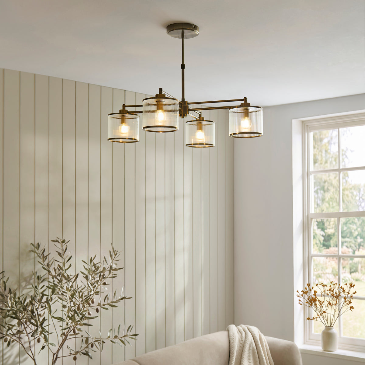 Ridgeton Four Arm Pendant Light in Antique Brass & Clear Ribbed Glass