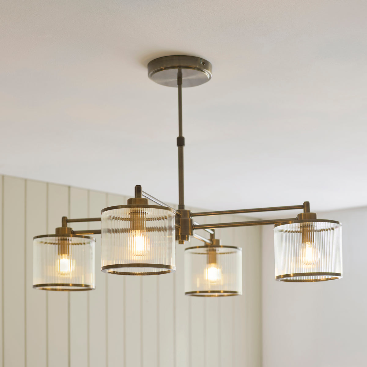 Ridgeton Four Arm Pendant Light in Antique Brass & Clear Ribbed Glass
