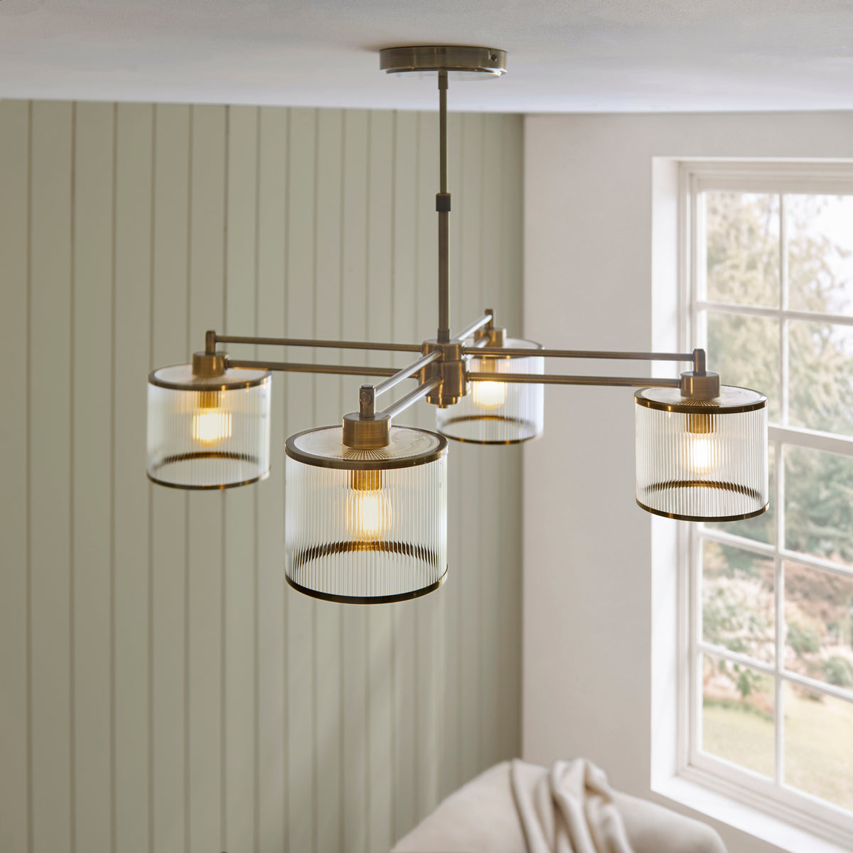 Ridgeton Four Arm Pendant Light in Antique Brass & Clear Ribbed Glass