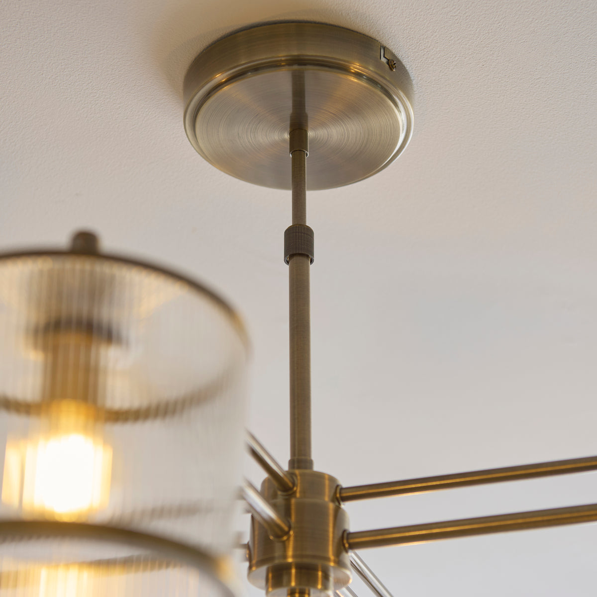 Ridgeton Four Arm Pendant Light in Antique Brass & Clear Ribbed Glass