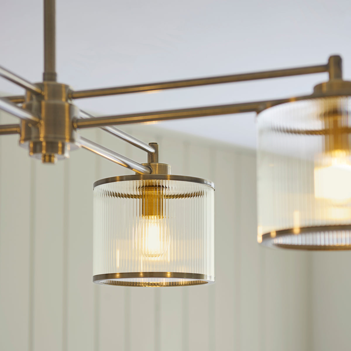 Ridgeton Four Arm Pendant Light in Antique Brass & Clear Ribbed Glass