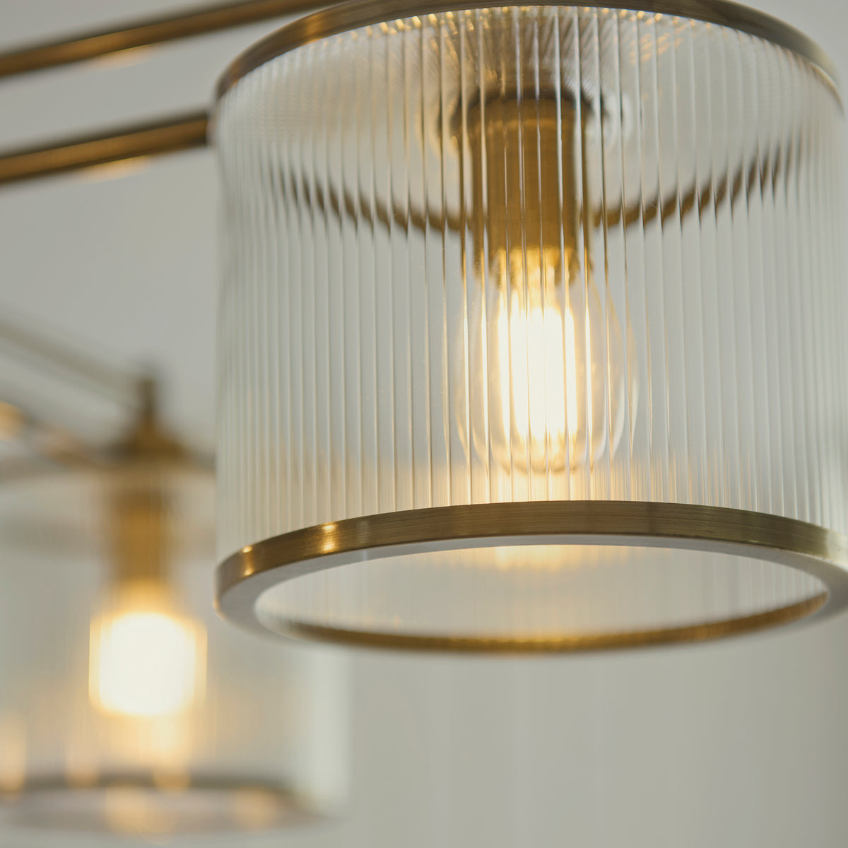 Ridgeton Four Arm Pendant Light in Antique Brass & Clear Ribbed Glass