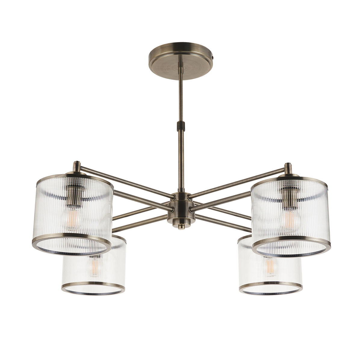 Ridgeton Four Arm Pendant Light in Antique Brass & Clear Ribbed Glass