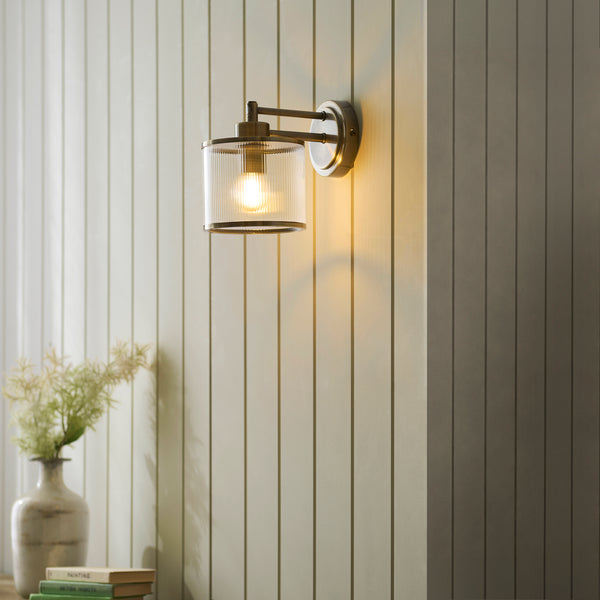 Ridgeton Single Arm Wall Light in Antique Brass & Clear Ribbed Glass