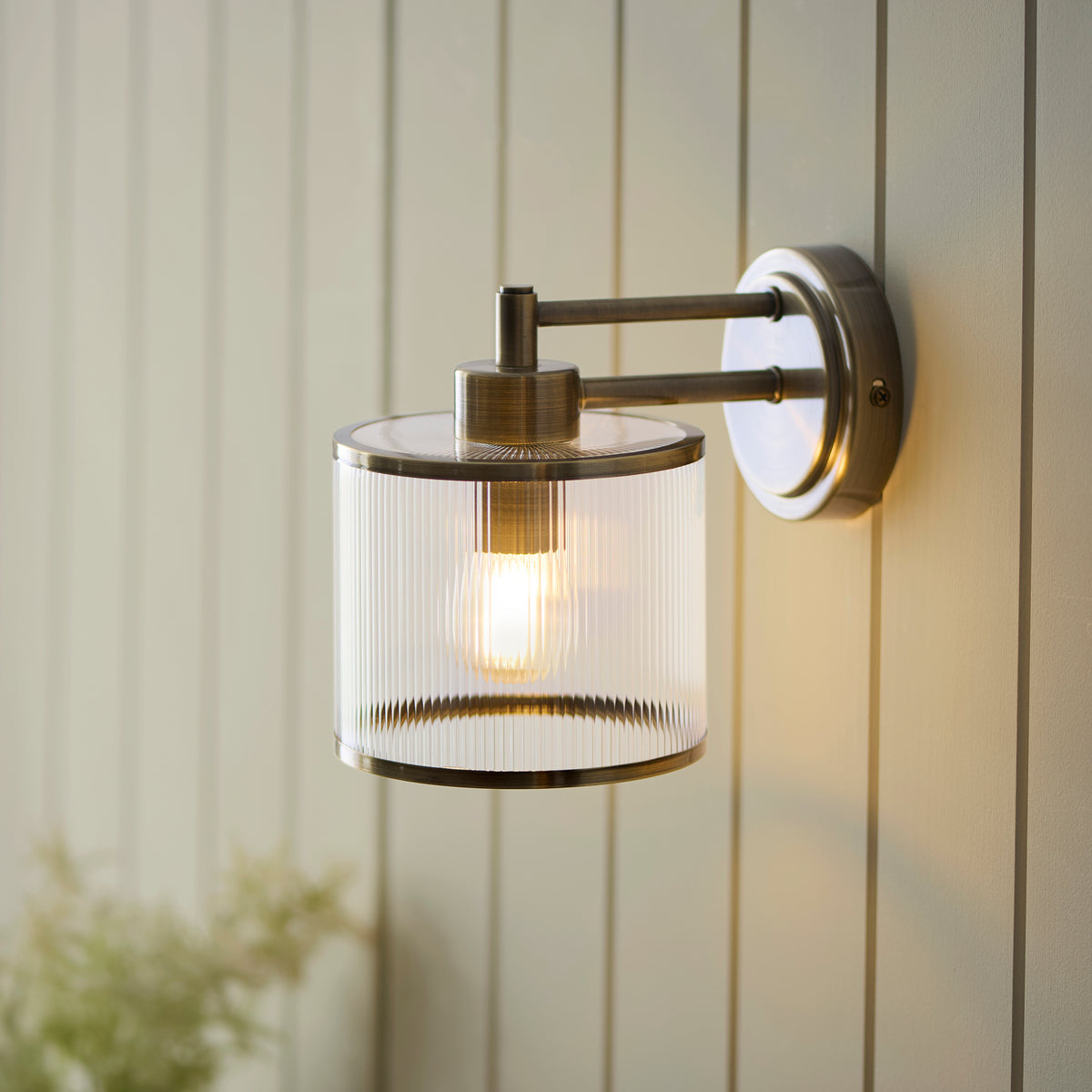 Ridgeton Single Arm Wall Light in Antique Brass & Clear Ribbed Glass