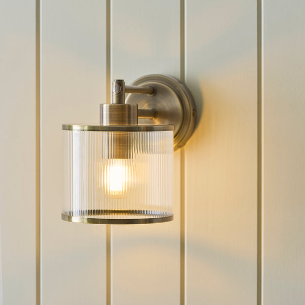 Ridgeton Single Arm Wall Light in Antique Brass & Clear Ribbed Glass