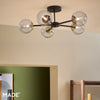 Globe 5 Light Semi Flush Ceiling Light in Matt Black & Antique Brass with Tinted Grey Glass Shades