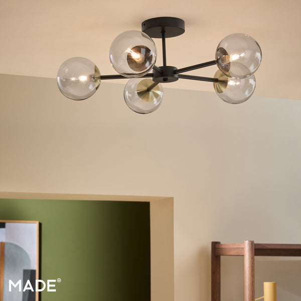 Globe 5 Light Semi Flush Ceiling Light in Matt Black & Antique Brass with Tinted Grey Glass Shades