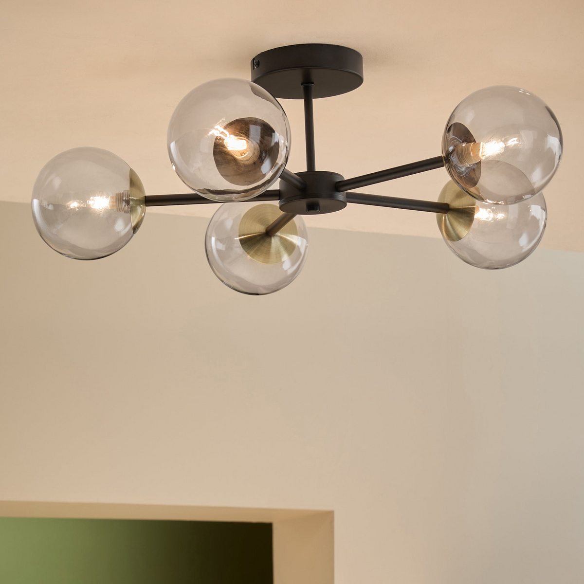 Globe 5 Light Semi Flush Ceiling Light in Matt Black & Antique Brass with Tinted Grey Glass Shades