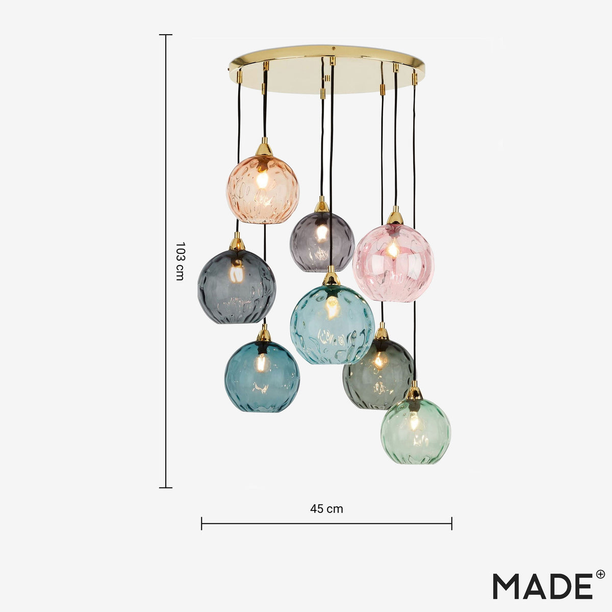 Ilaria 8 Light Cluster Pendant No.1 in Polished Brass with Multi Colour Dimple Glass Shades