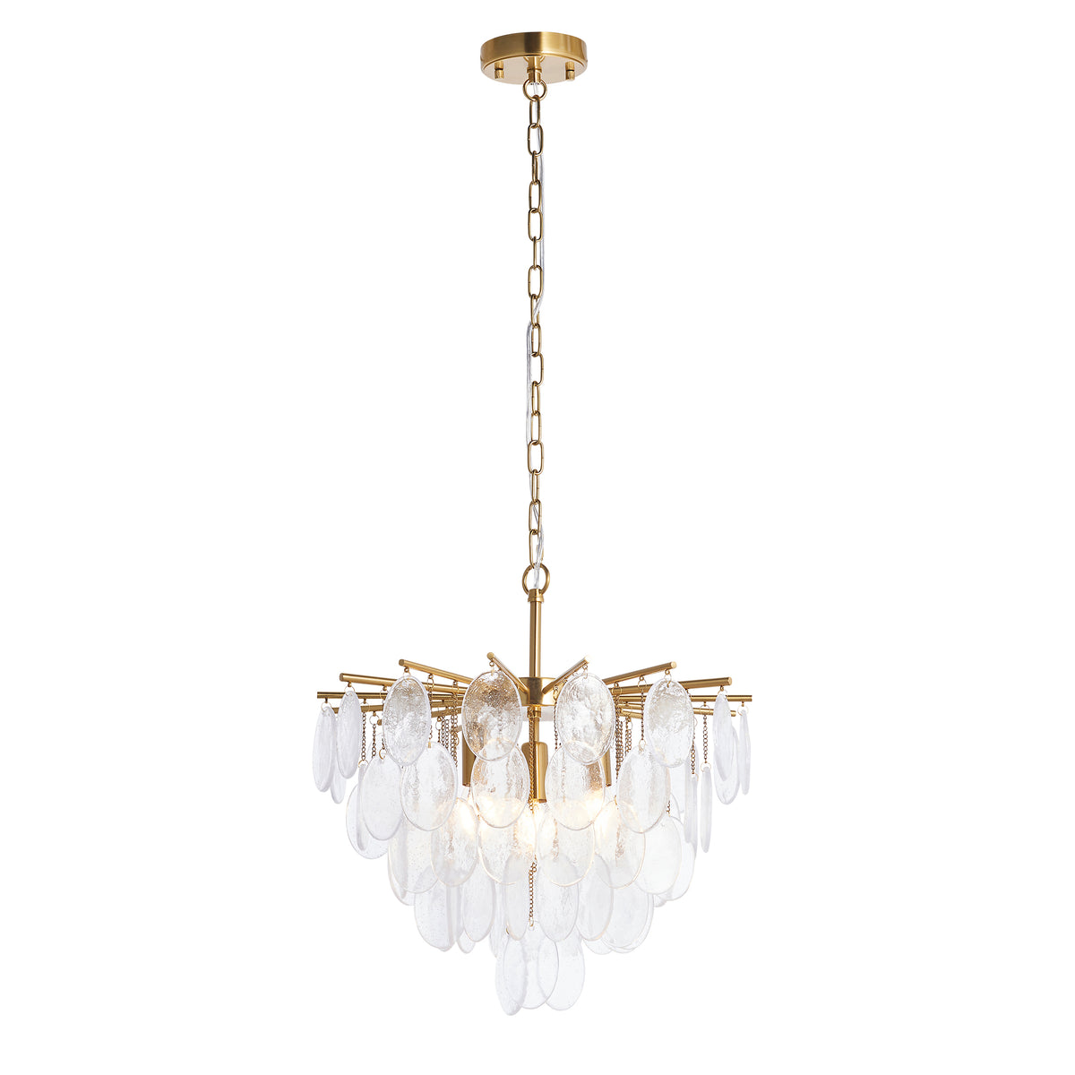 Loretta Three Lamp Pendant in Brushed Aged Brass with Clear Glass Medallions