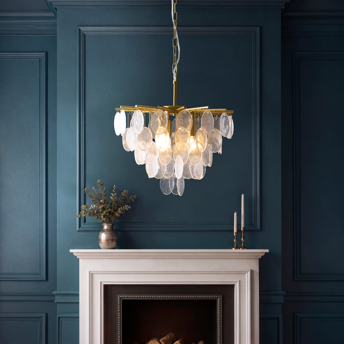 Loretta Three Lamp Pendant in Brushed Aged Brass with Clear Glass Medallions