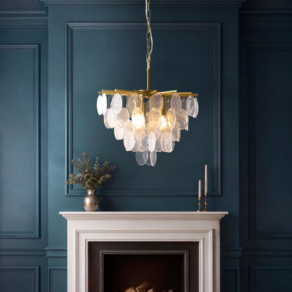 Loretta Three Lamp Pendant in Brushed Aged Brass with Clear Glass Medallions