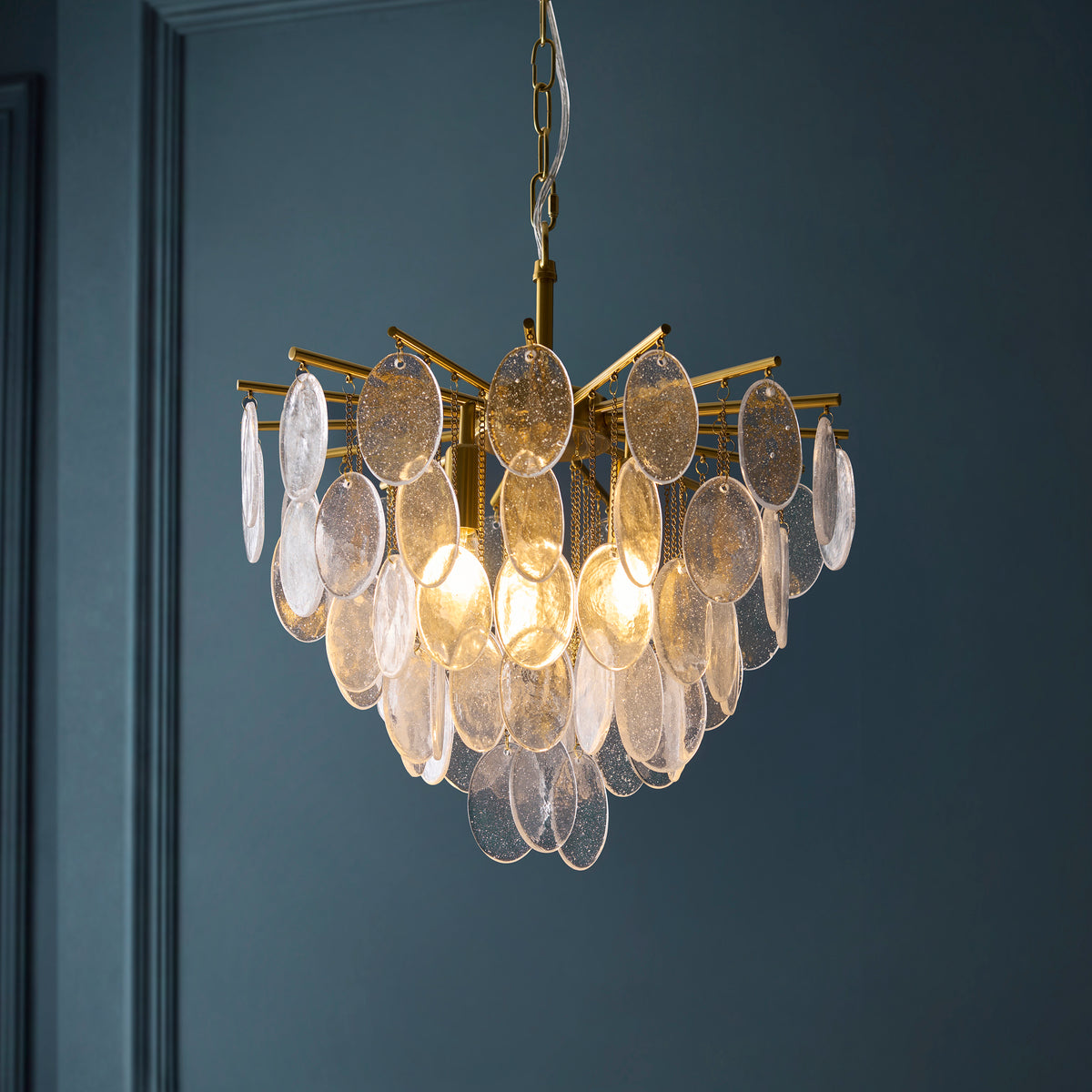 Loretta Three Lamp Pendant in Brushed Aged Brass with Clear Glass Medallions