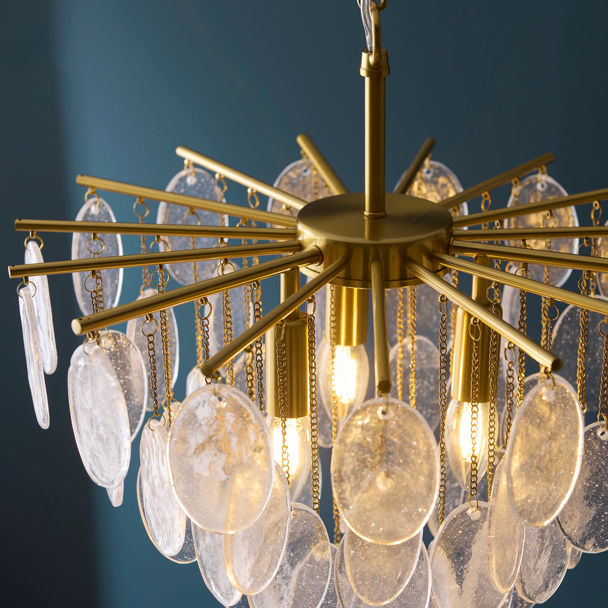 Loretta Three Lamp Pendant in Brushed Aged Brass with Clear Glass Medallions