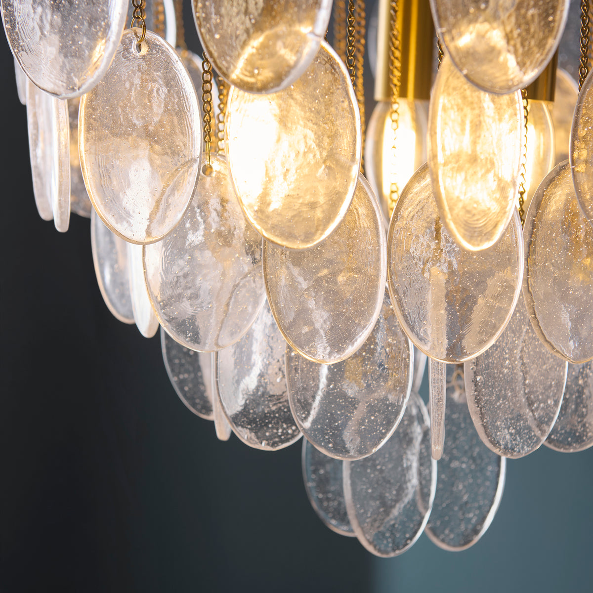 Loretta Three Lamp Pendant in Brushed Aged Brass with Clear Glass Medallions