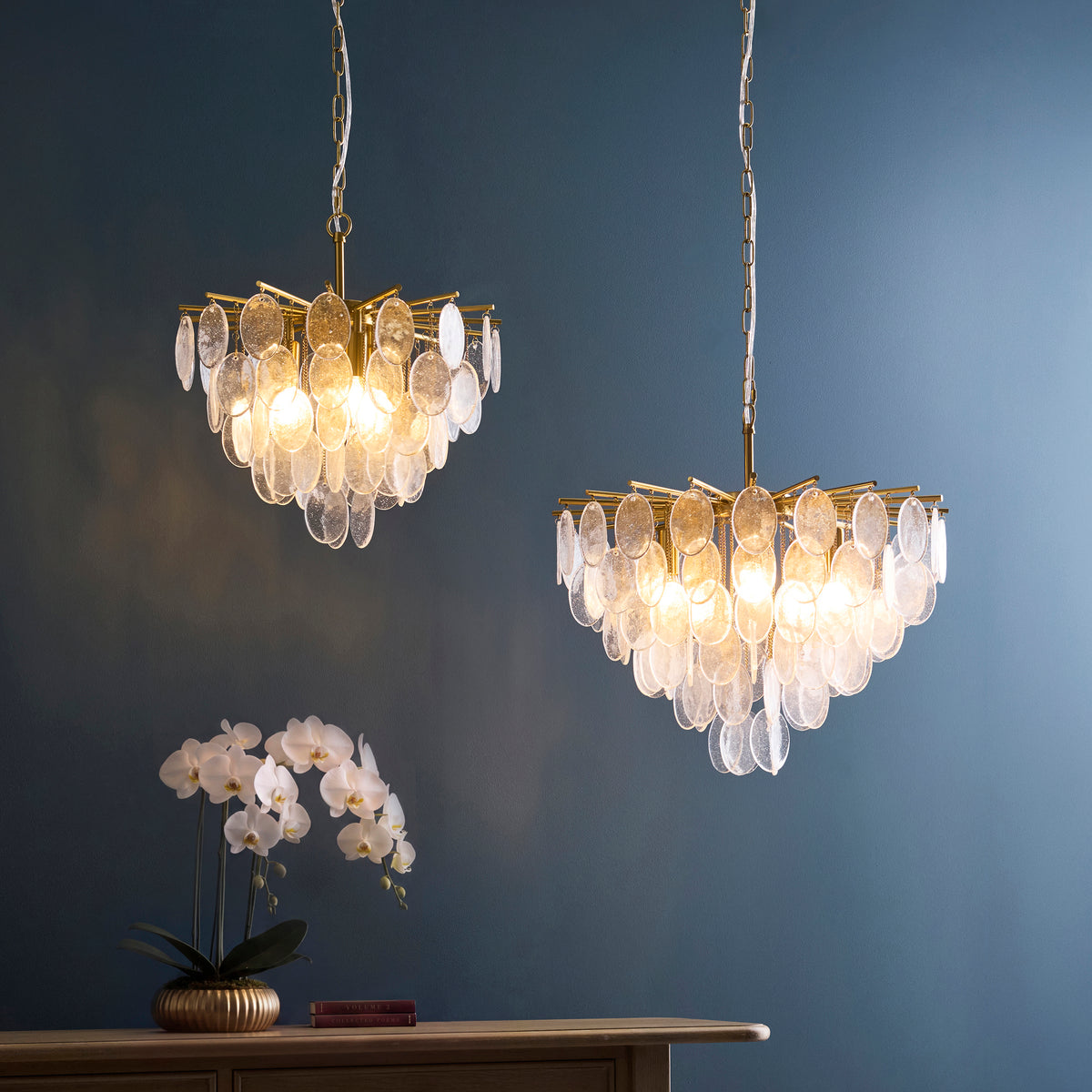 Loretta Three Lamp Pendant in Brushed Aged Brass with Clear Glass Medallions