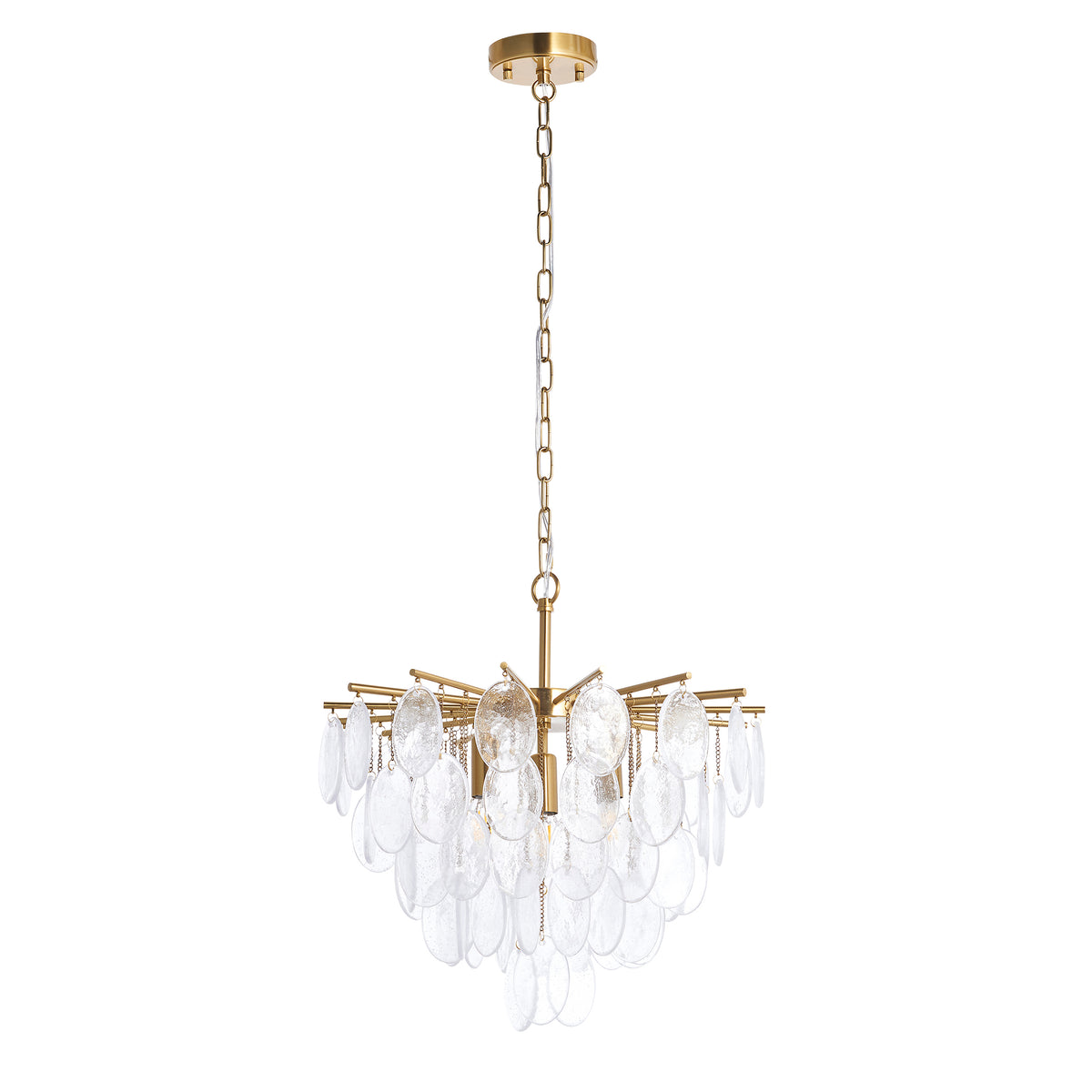 Loretta Three Lamp Pendant in Brushed Aged Brass with Clear Glass Medallions