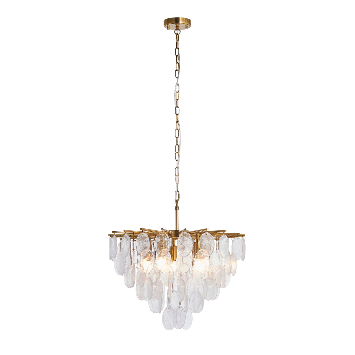 Loretta Five Lamp Pendant in Brushed Aged Brass with Clear Glass Medallions