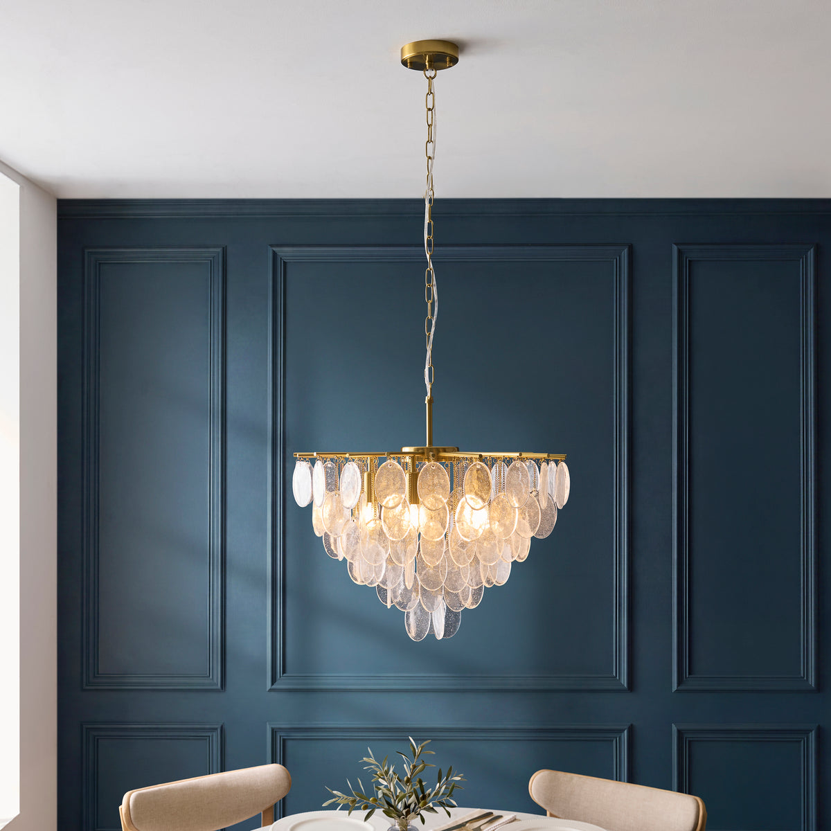 Loretta Five Lamp Pendant in Brushed Aged Brass with Clear Glass Medallions