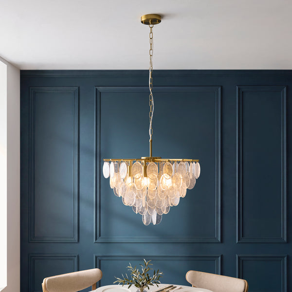 Loretta Five Lamp Pendant in Brushed Aged Brass with Clear Glass Medallions