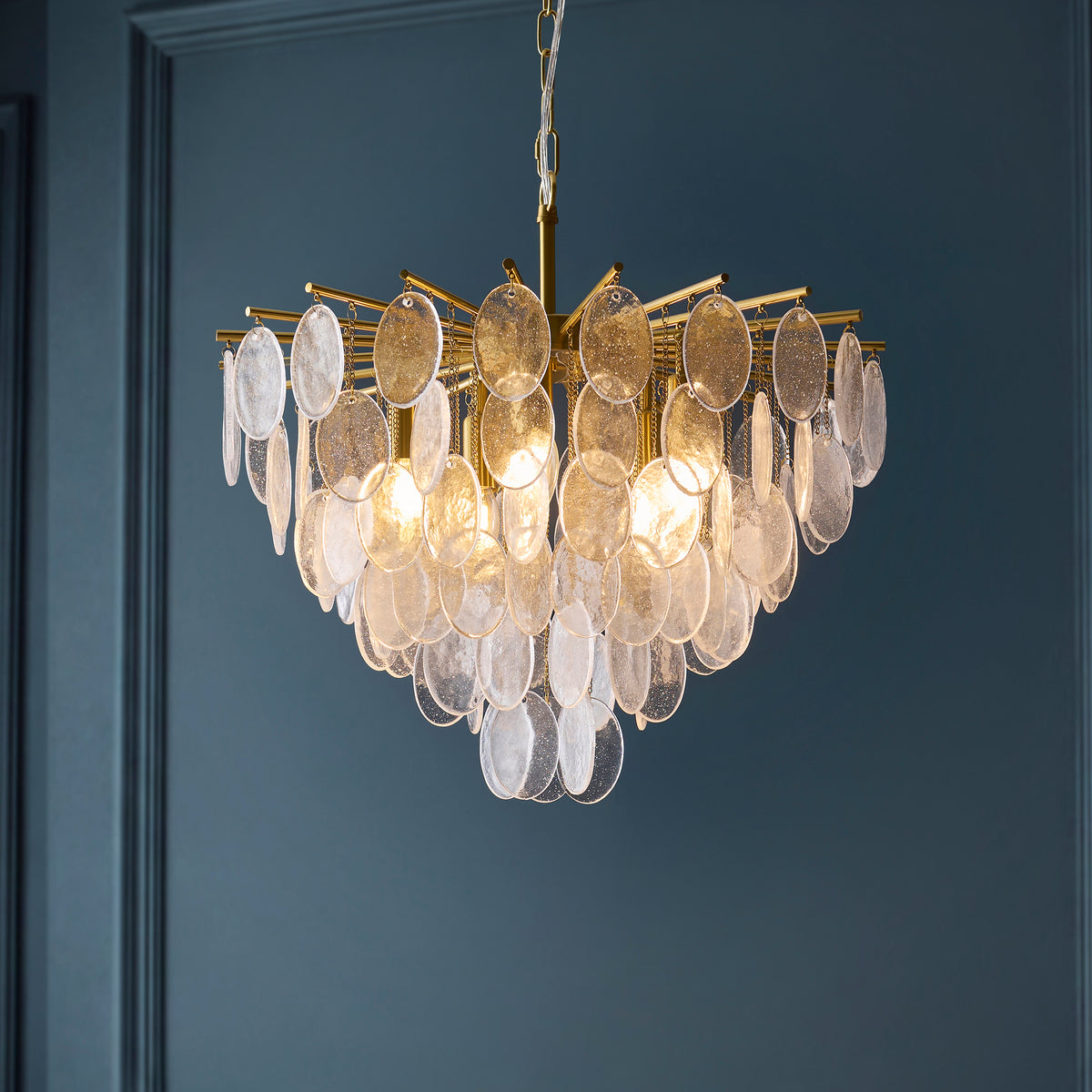 Loretta Five Lamp Pendant in Brushed Aged Brass with Clear Glass Medallions