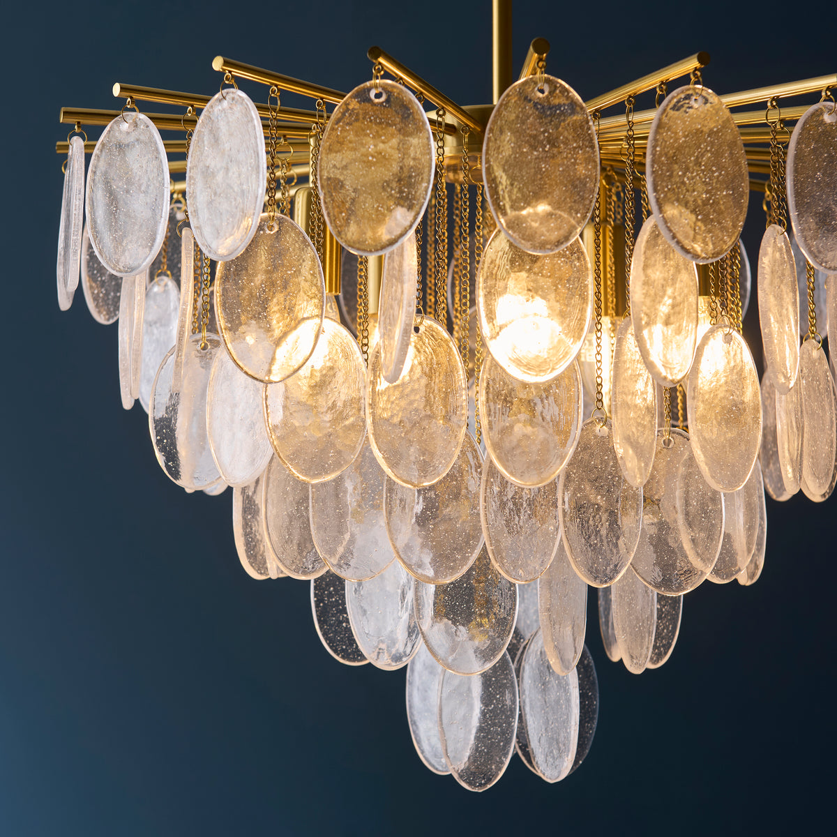 Loretta Five Lamp Pendant in Brushed Aged Brass with Clear Glass Medallions