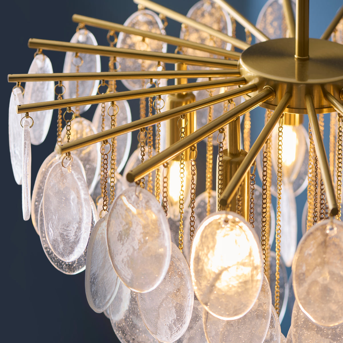 Loretta Five Lamp Pendant in Brushed Aged Brass with Clear Glass Medallions