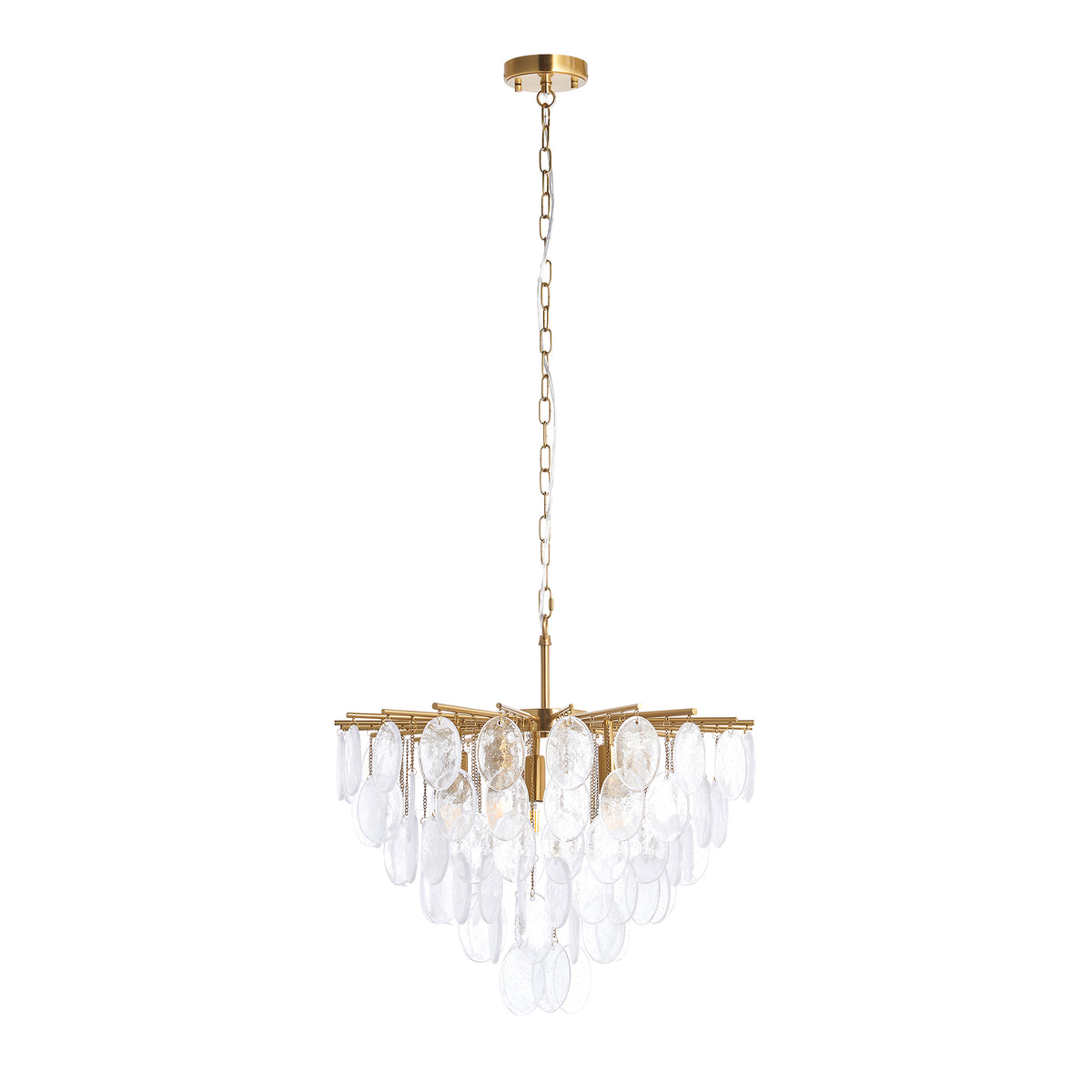 Loretta Five Lamp Pendant in Brushed Aged Brass with Clear Glass Medallions