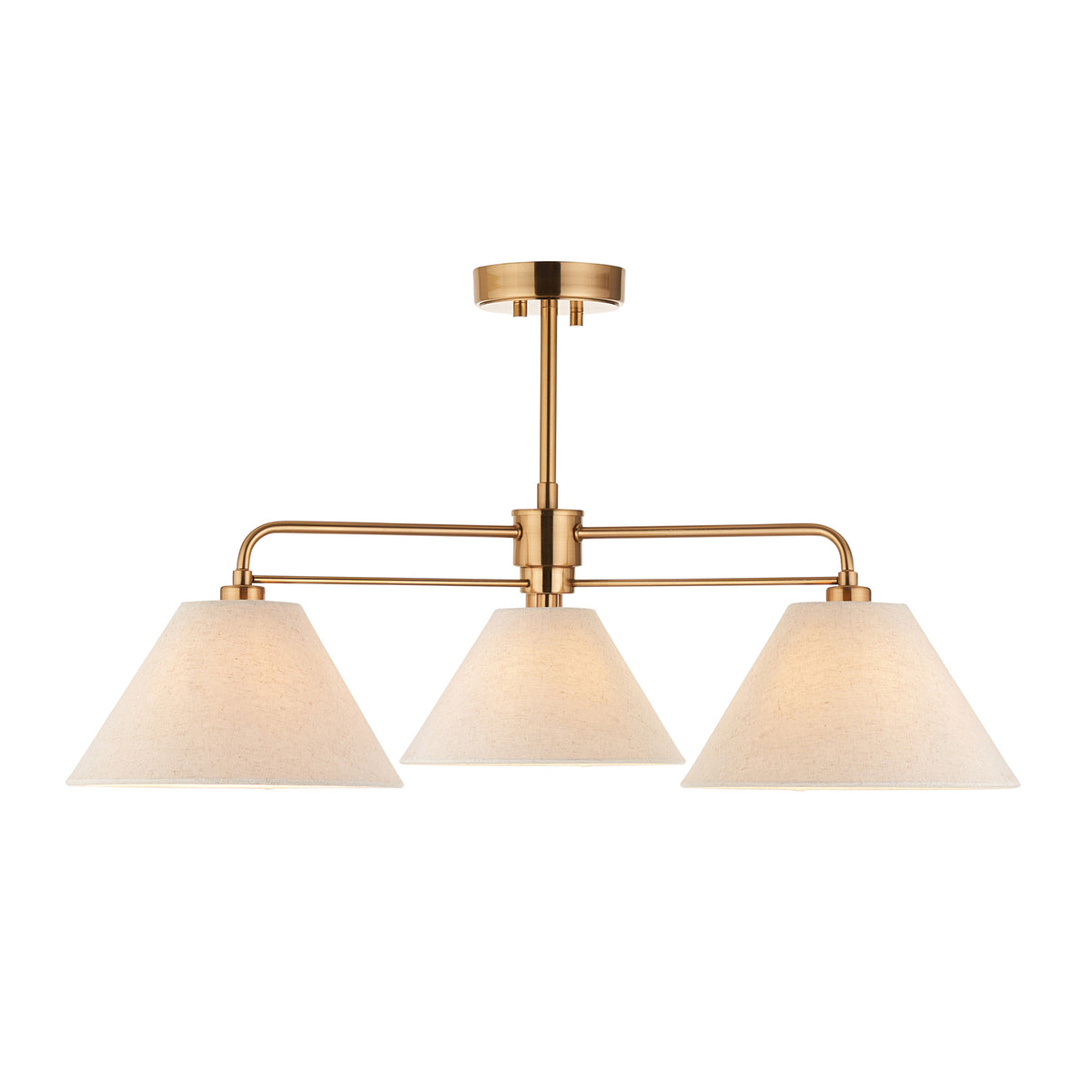 Wallbridge Three Arm Ceiling Light in Brushed Aged Brass with Natural Linen Shades