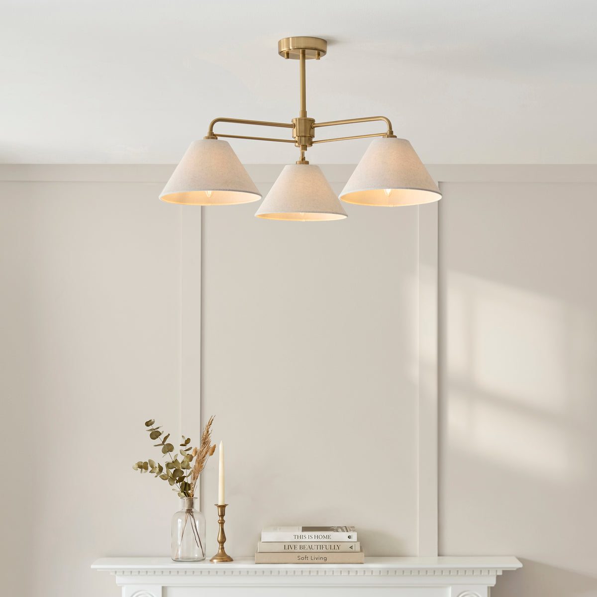 Wallbridge Three Arm Ceiling Light in Brushed Aged Brass with Natural Linen Shades