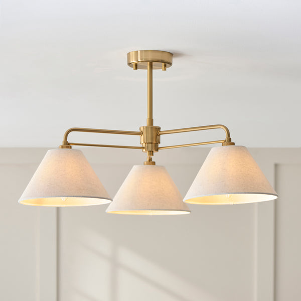Wallbridge Three Arm Ceiling Light in Brushed Aged Brass with Natural Linen Shades