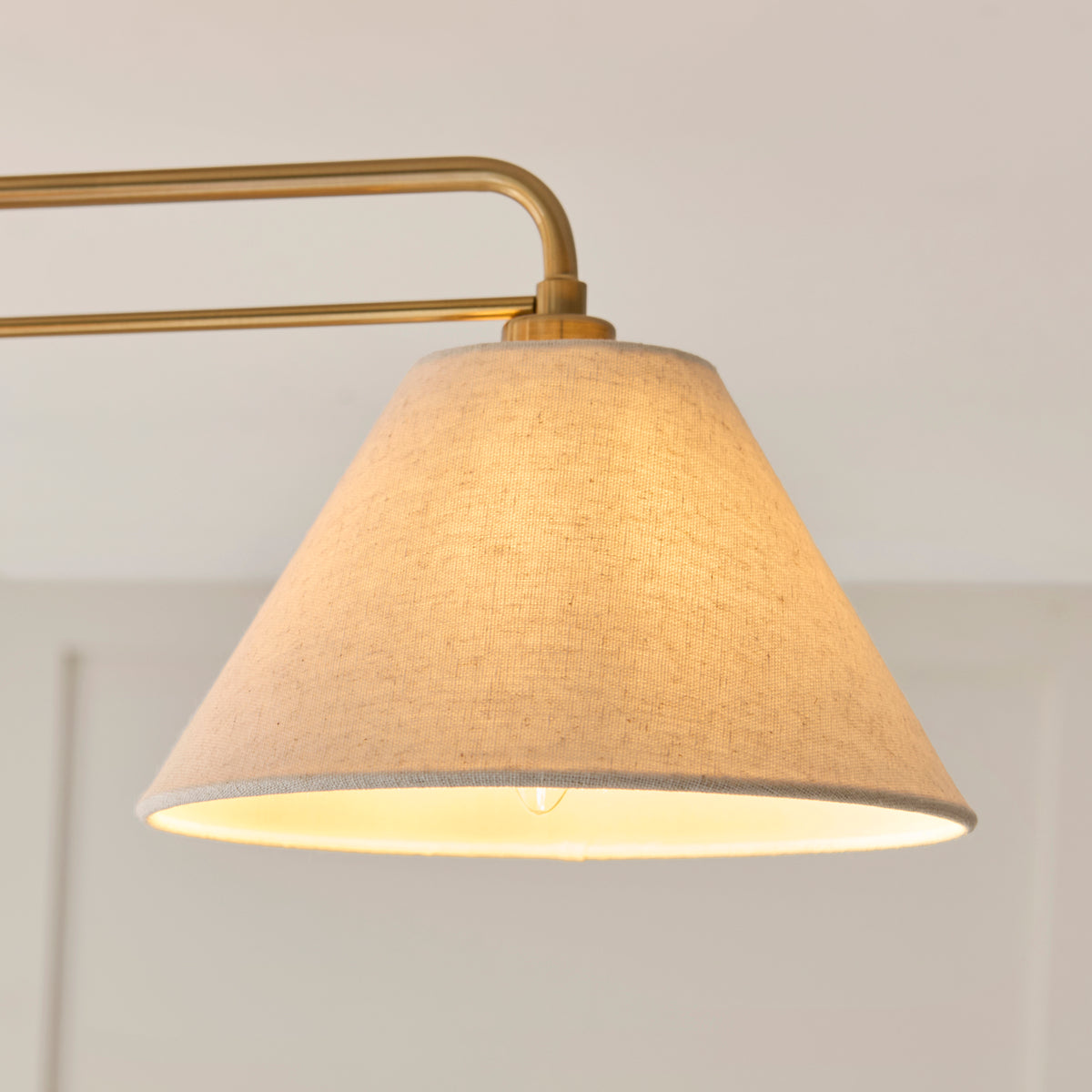Wallbridge Three Arm Ceiling Light in Brushed Aged Brass with Natural Linen Shades