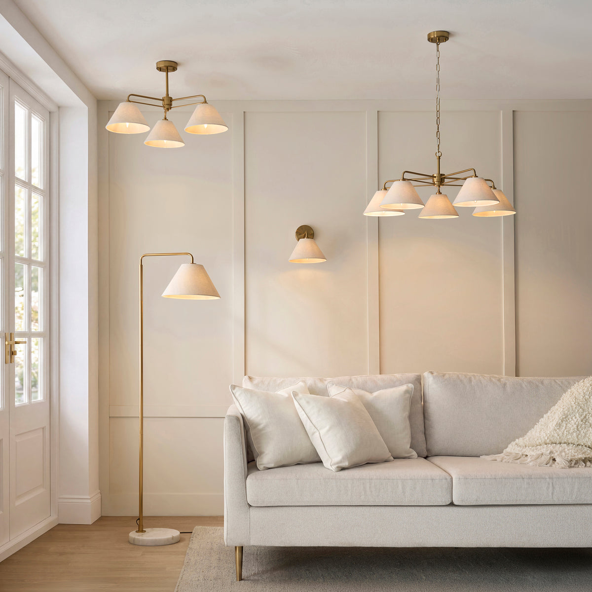 Wallbridge Three Arm Ceiling Light in Brushed Aged Brass with Natural Linen Shades