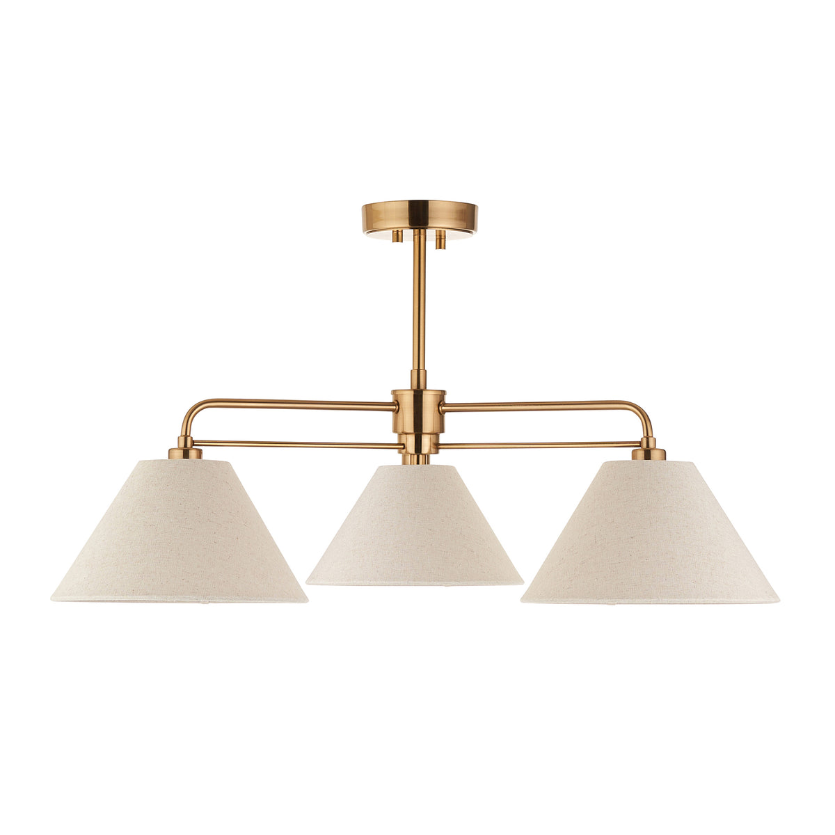 Wallbridge Three Arm Ceiling Light in Brushed Aged Brass with Natural Linen Shades