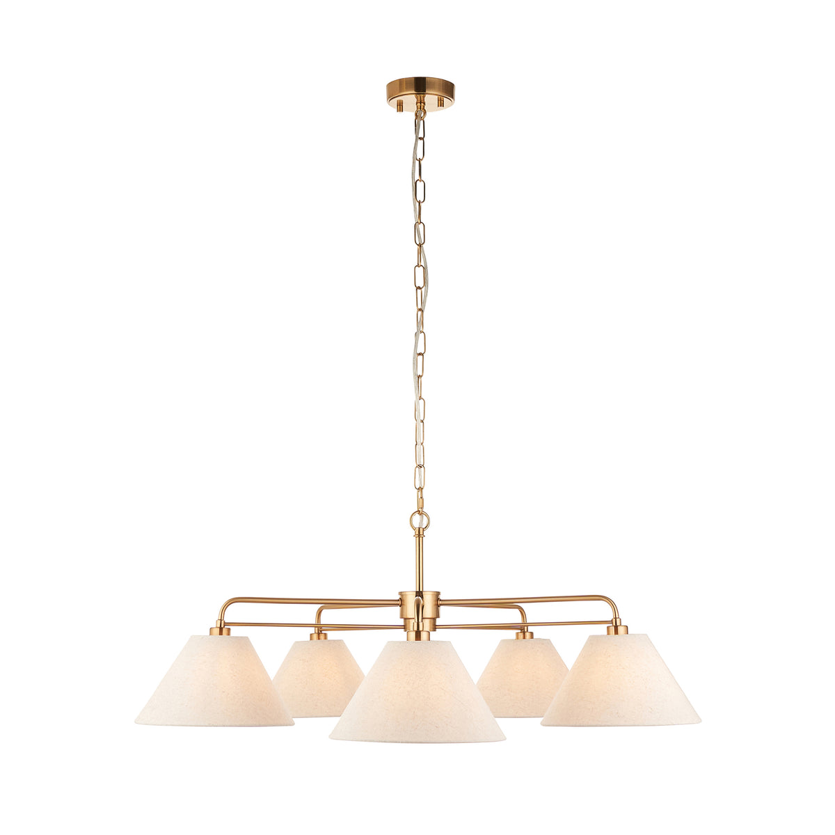 Wallbridge Five Arm Pendant in Brushed Aged Brass with Natural Linen Shades