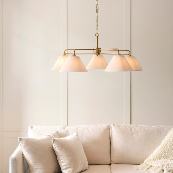 Wallbridge Five Arm Pendant in Brushed Aged Brass with Natural Linen Shades