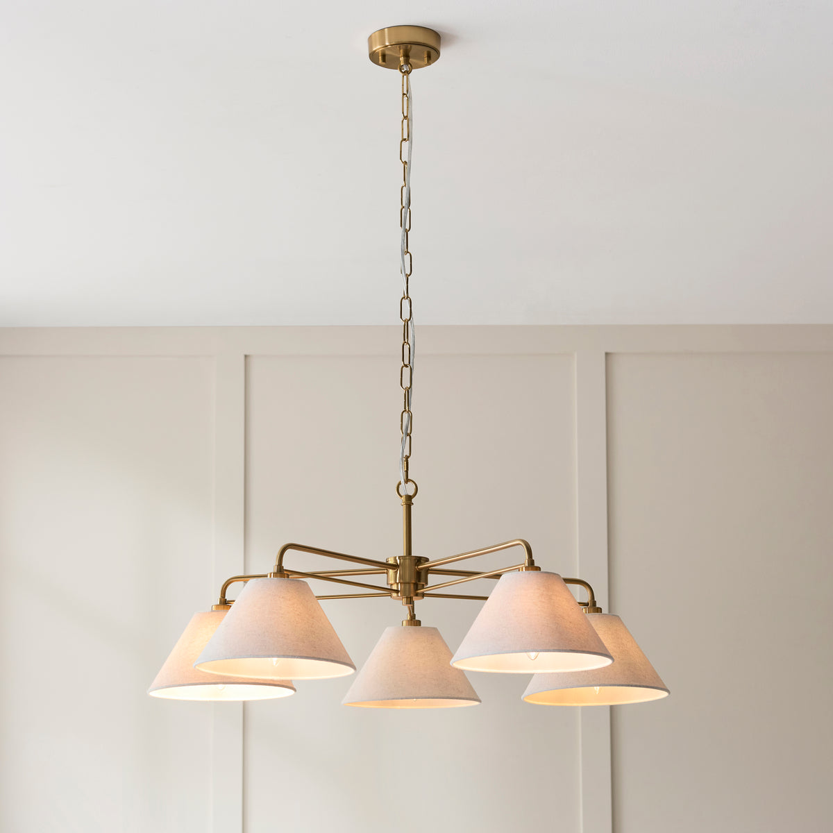 Wallbridge Five Arm Pendant in Brushed Aged Brass with Natural Linen Shades