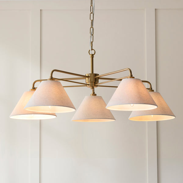 Wallbridge Five Arm Pendant in Brushed Aged Brass with Natural Linen Shades