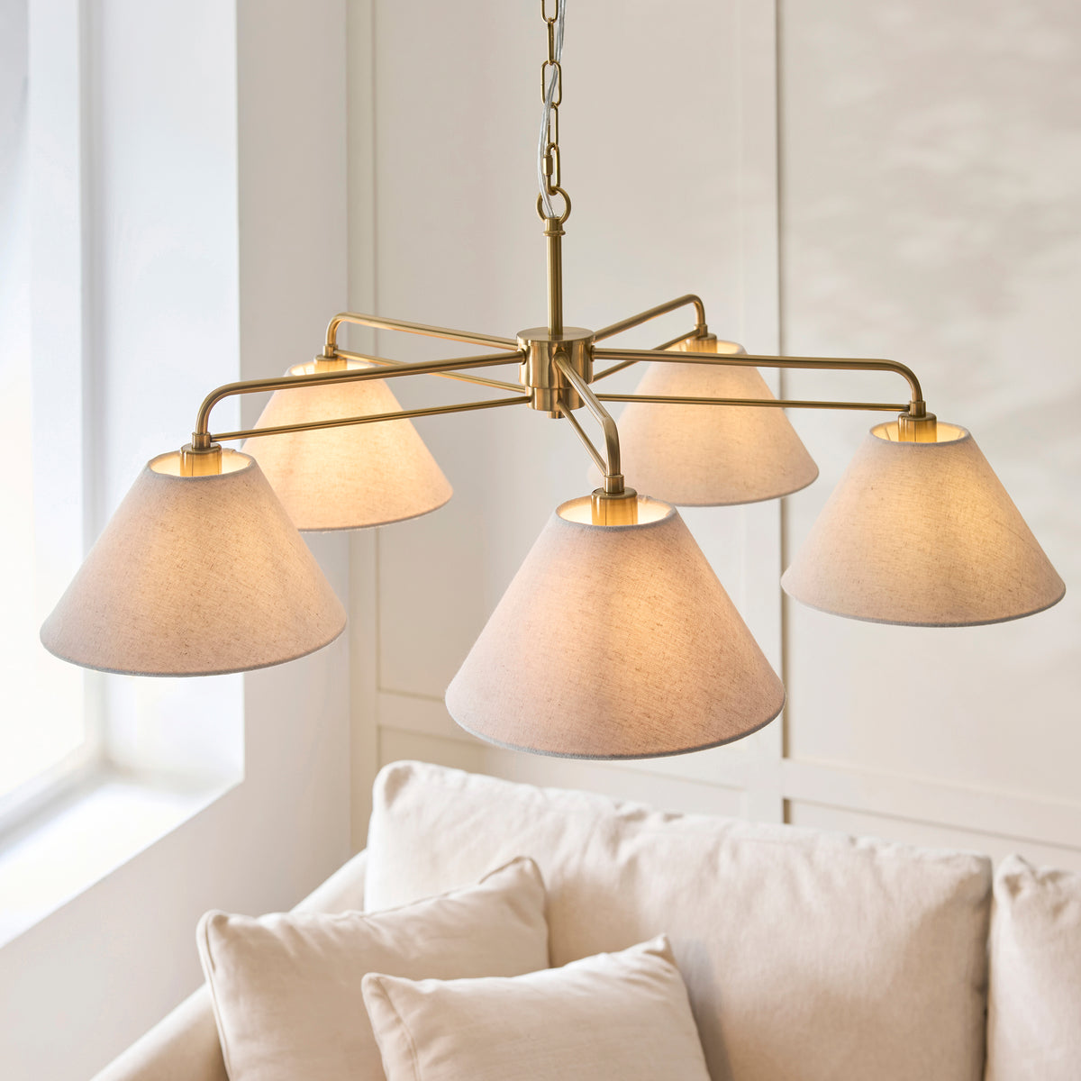 Wallbridge Five Arm Pendant in Brushed Aged Brass with Natural Linen Shades
